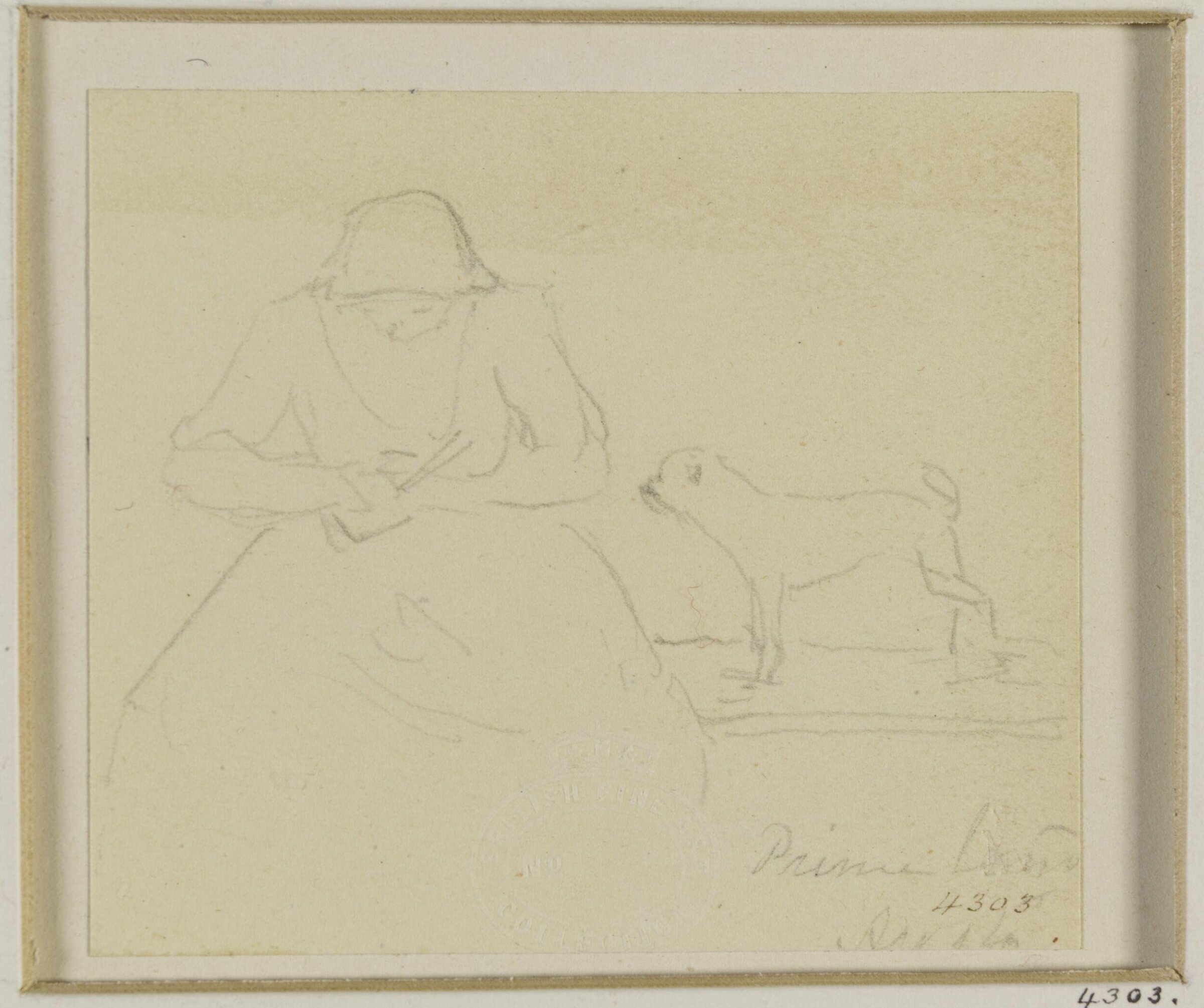 A woman seated on a form, knitting, with a dog standing at her left, John Jackson, ca. 1816