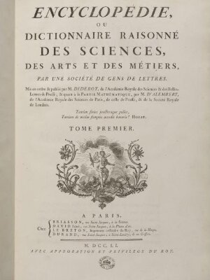 Encyclopédie, ou Dictionnaire raisonnée des sciences, des arts, et des métiers / par une société de gens de lettres. Mis en ordre & publié par M. Diderot, de l'Académie royale des sciences & des belles-lettres de Prusse; & quant à la partie mathématique, par M. d'Alembert, de l'Académie royale des sciences de Paris, de celle de Prusse, & de la Société royale de Londres