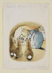 Mrs Rabbit pouring out the tea for Peter while her children look on: variant illustration for The tale of Peter Rabbit thumbnail 2