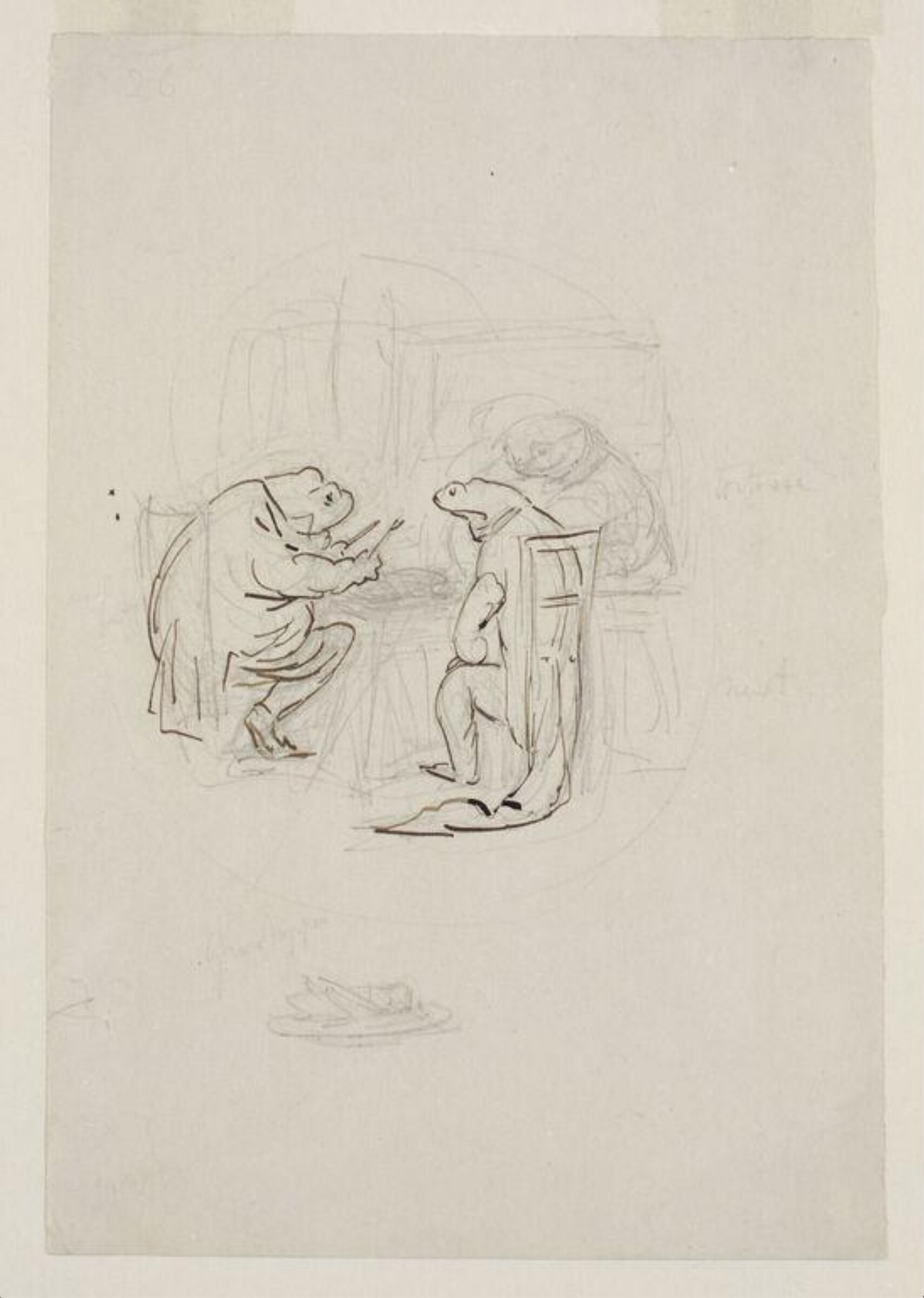 Jeremy Fisher dining on grasshopper with Sir Isaac Newton and Mr Ptolemy Tortoise: preparatory drawing for The tale of Mr. Jeremy Fisher, Beatrix Potter, 1906