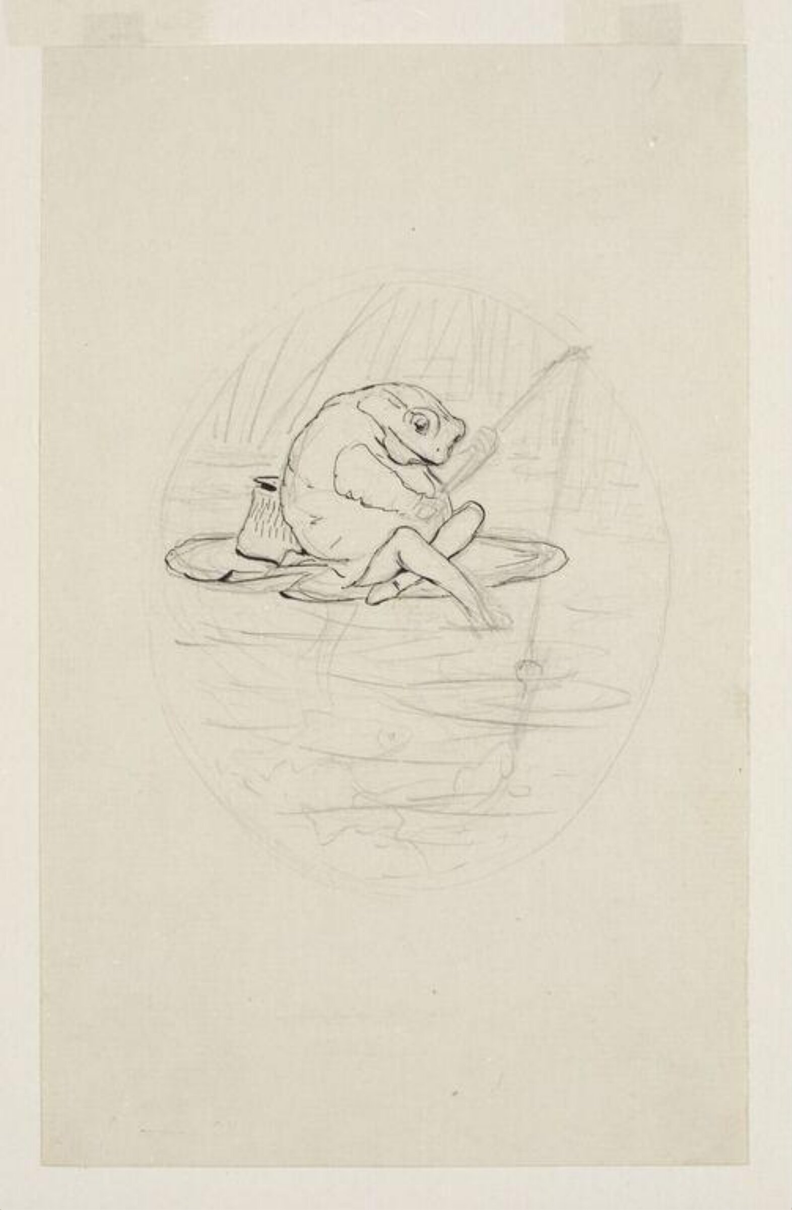 Jeremy Fisher sitting on a water lily leaf, fishing: preparatory drawing for The tale of Mr. Jeremy Fisher, Beatrix Potter, 1906