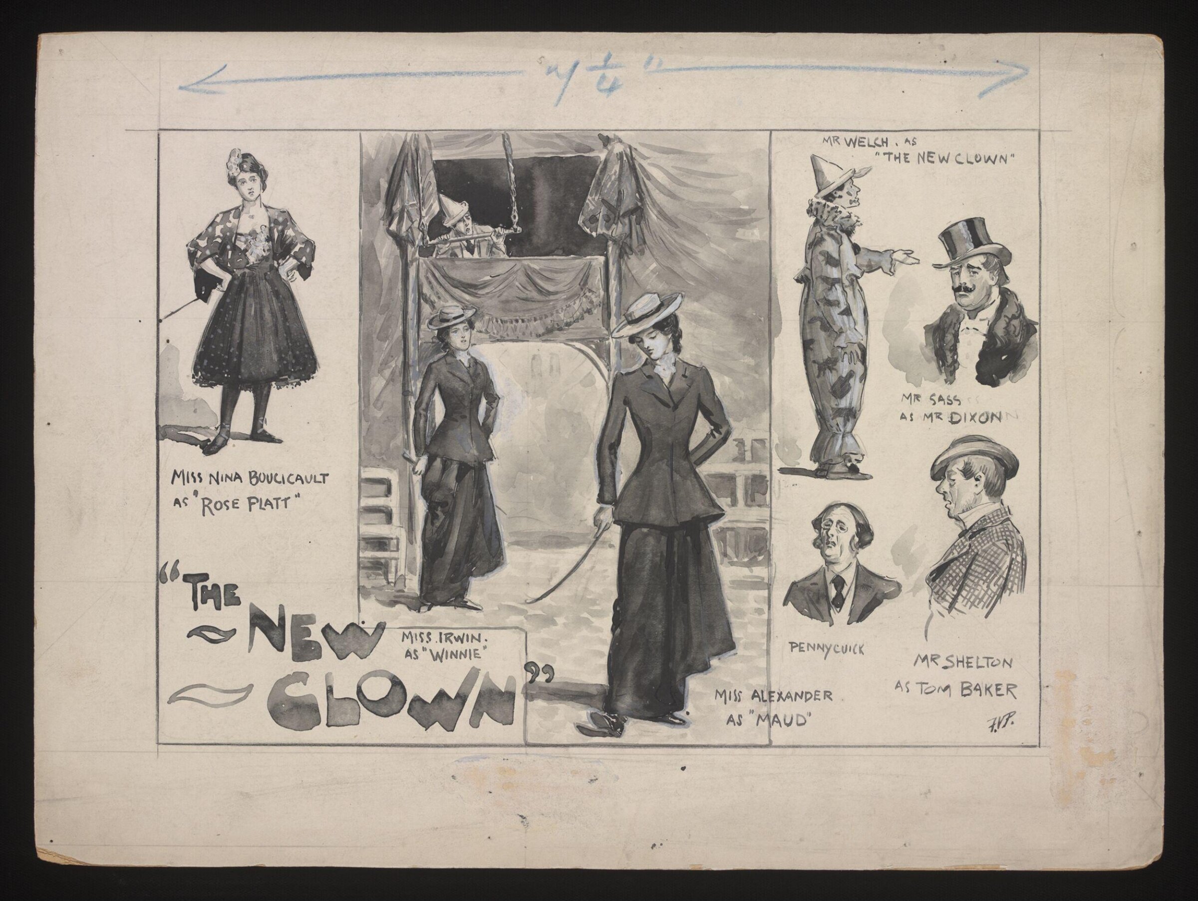 Magazine illustration <i>The New Clown</i> by J.M. Paull, Terry's Theatre 1902. Watercolour by F.V. Poole, Frederick Victor Poole, circa 1900