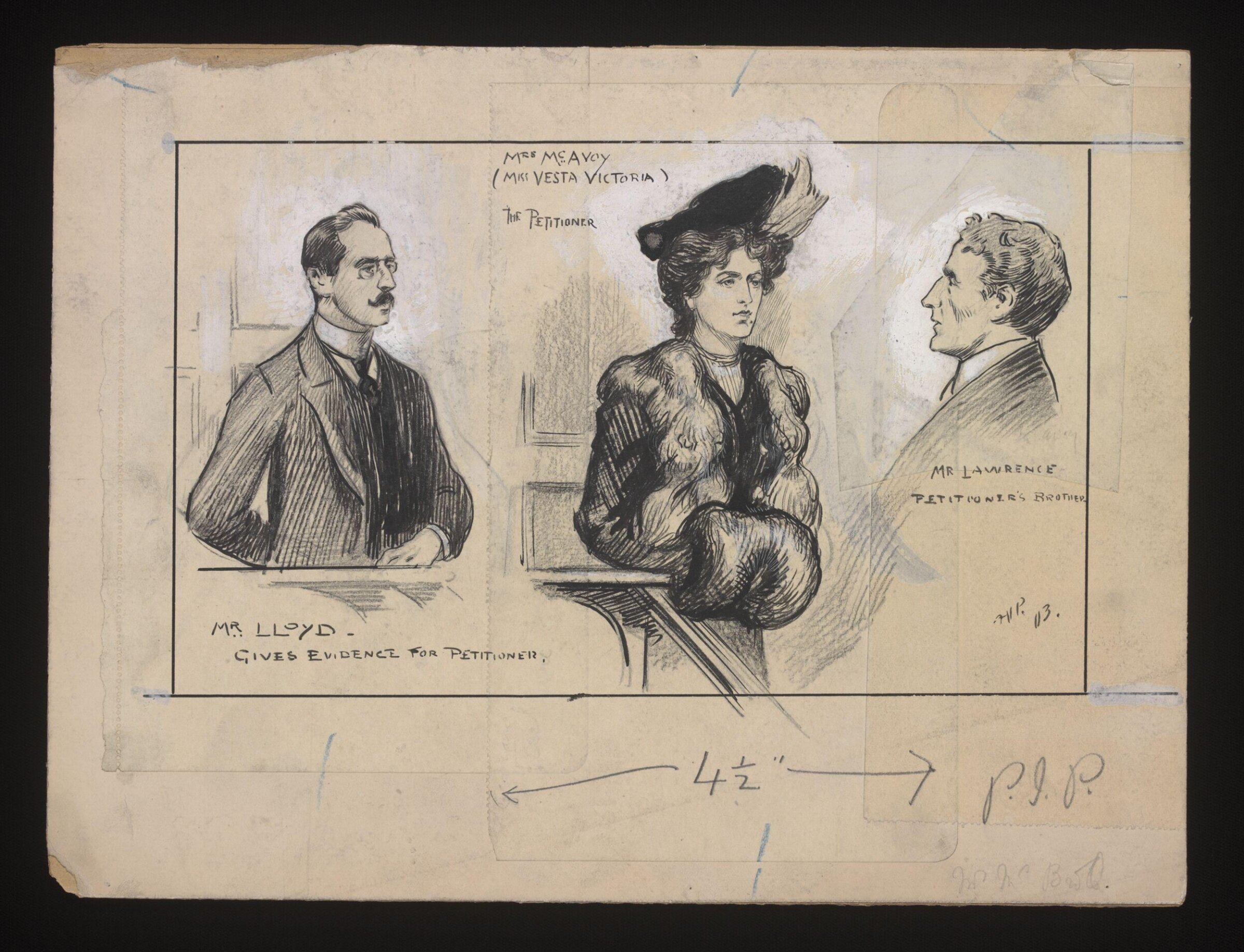 Divorce hearing in November 1903 of Vesta Victoria (1873-1951). Drawing by F.V. Poole for an illustrated newspaper., Frederick Victor Poole, November 1903