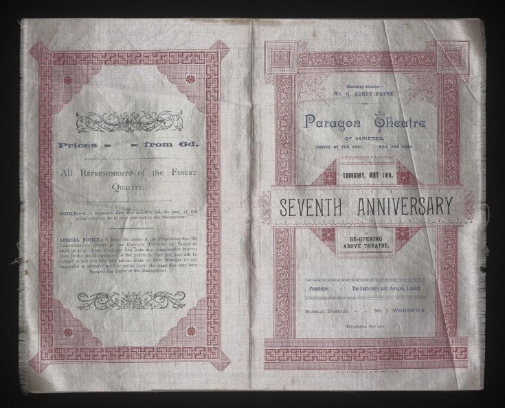 Silk programme for the Paragon Theatre of Varieties, 19th May 1892 top image