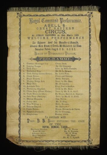 Silk programme for Abell's Great Eastern Circus, Hyderabad Public Gardens, 12 March 1903