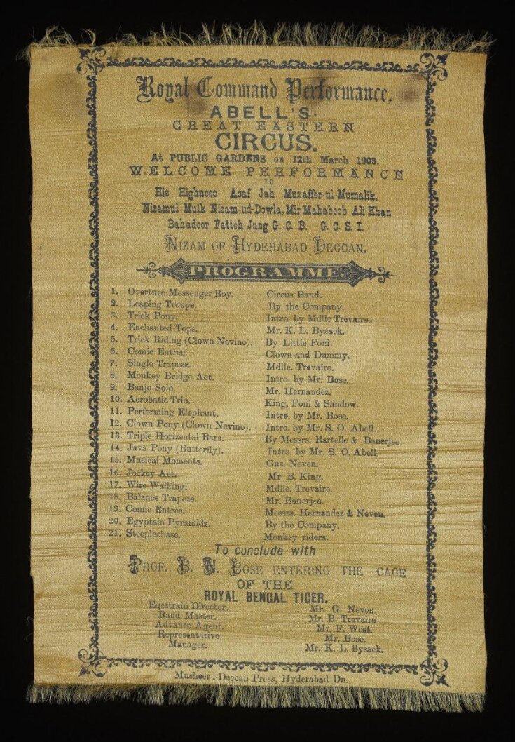 Silk programme for Abell's Great Eastern Circus, Hyderabad Public Gardens, 12 March 1903 image