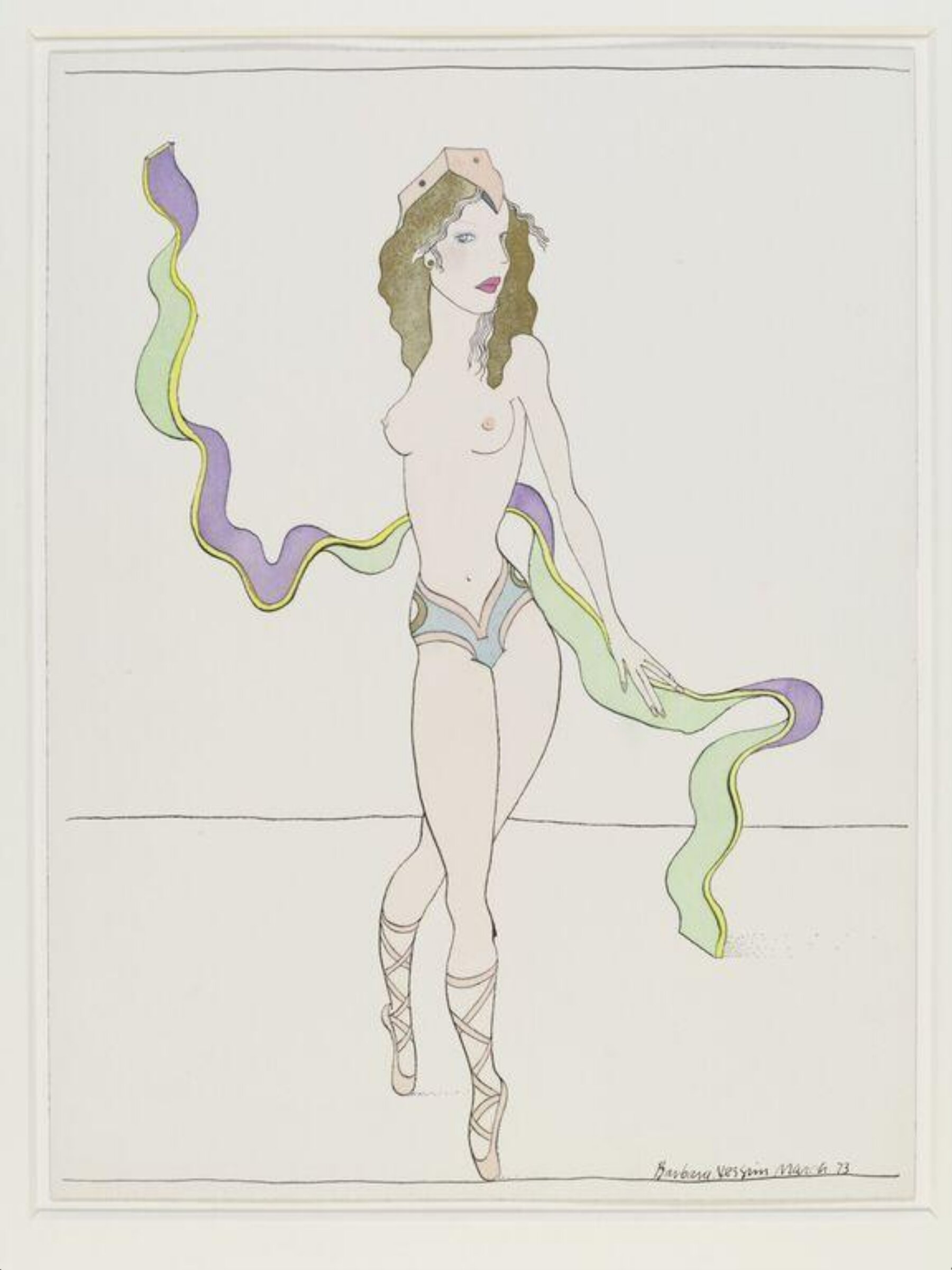 WomanGirl Twisting with Green and Purple Ribbon, Barbara Nessim, 1973