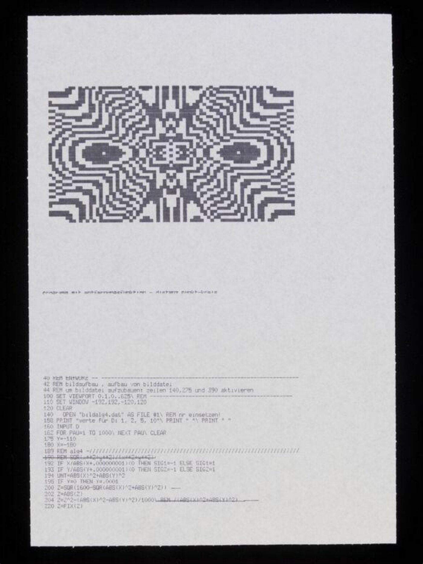 Herbert W. Franke's 1986 print features black and white pixel imagery and computer code, created using an Apple II computer.