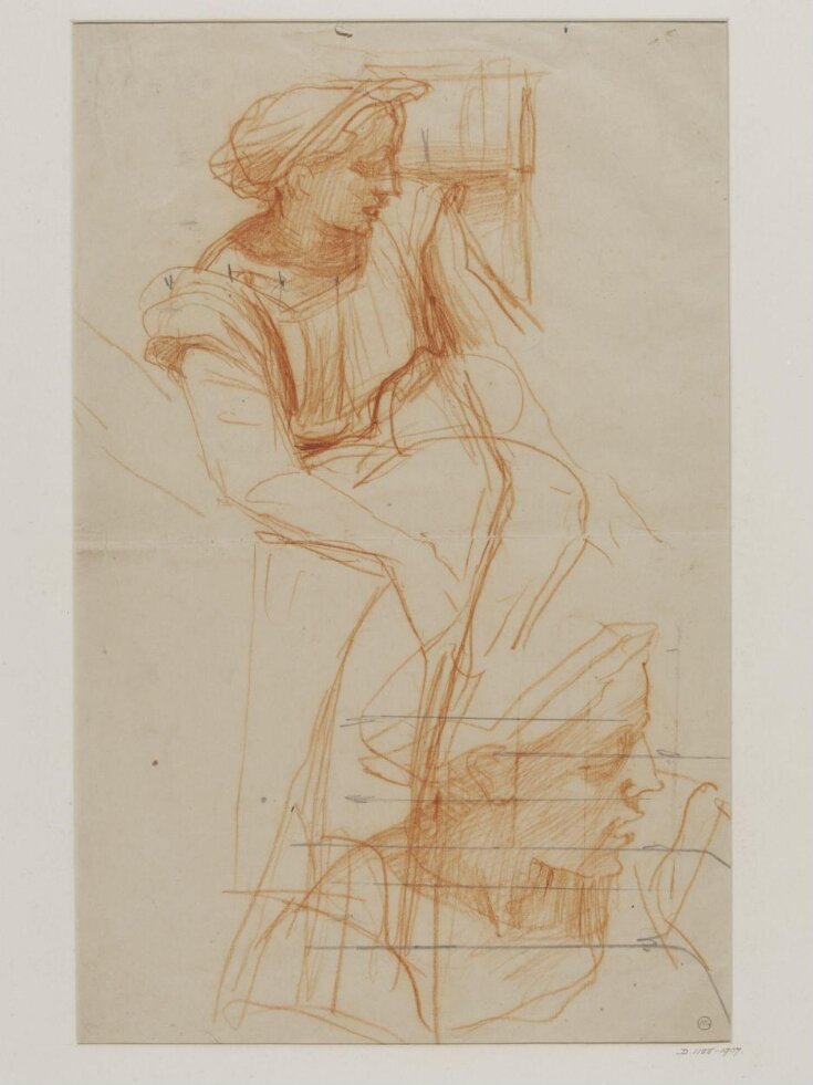 two studies of a female figure, draped, looking to the left, with right arm downwards, for 'truth' top image
