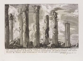 Seven columns of the Temple of Juturna (actually the Temple of Matidia) with Corinthian capitals