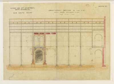 Science and Art Department, South Kensington. New South Court. Longitudinal section on line C. D. looking towards Sheepshanks Gallery 