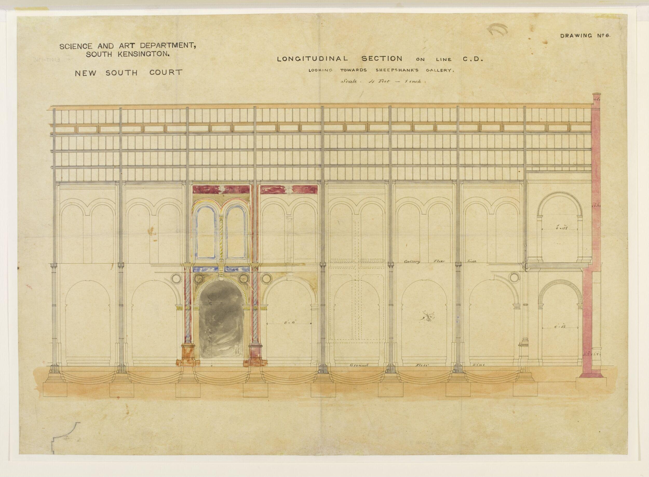 Science and Art Department, South Kensington. New South Court. Longitudinal section on line C. D. looking towards Sheepshanks Gallery 