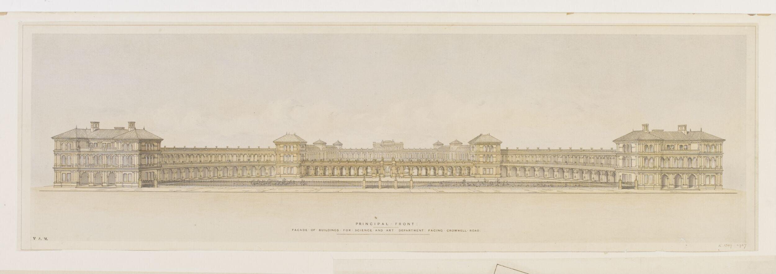 Principal Front: Façade of Buildings for Science and Art Department facing Cromwell Road