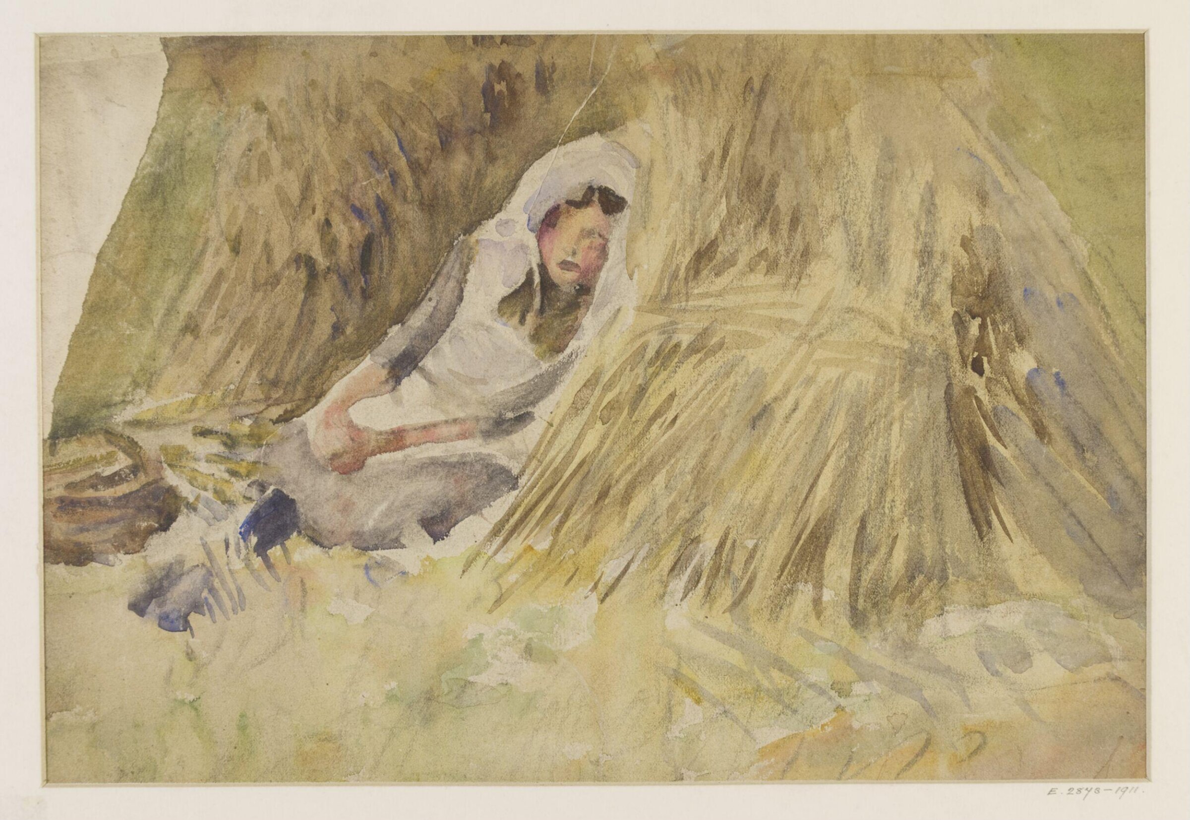 A girl resting against a sheaf of corn, Townroe