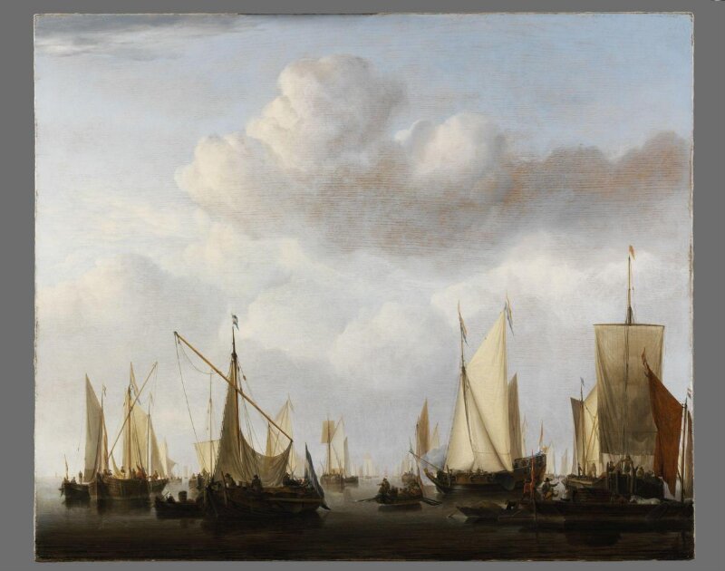 A Kaag, pont, states yacht and other vessels under sail over a wide sea