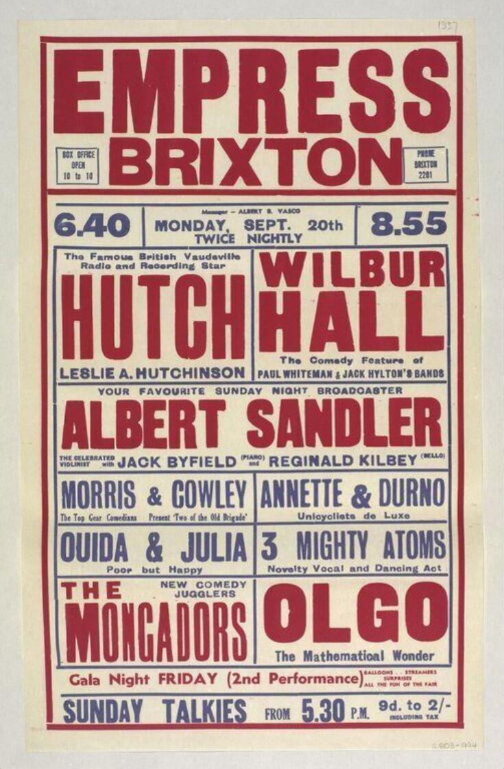 Poster advertising twice-nightly Variety at the Brixton Empress Theatre 1937 top image