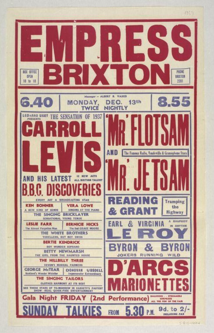 Poster advertising a variety programme at the Empress Theatre, Brixton, 13 December 1937 top image
