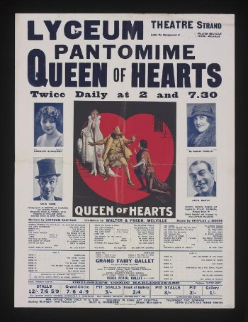 Poster advertising the pantomime <i>Queen of Hearts,</i> Lyceum Theatre, Strand, London, December 1927