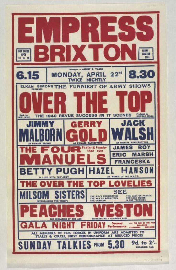 Poster advertising Over The Top and a Variety programme, Empress Theatre Brixton, 22nd April 1940 top image