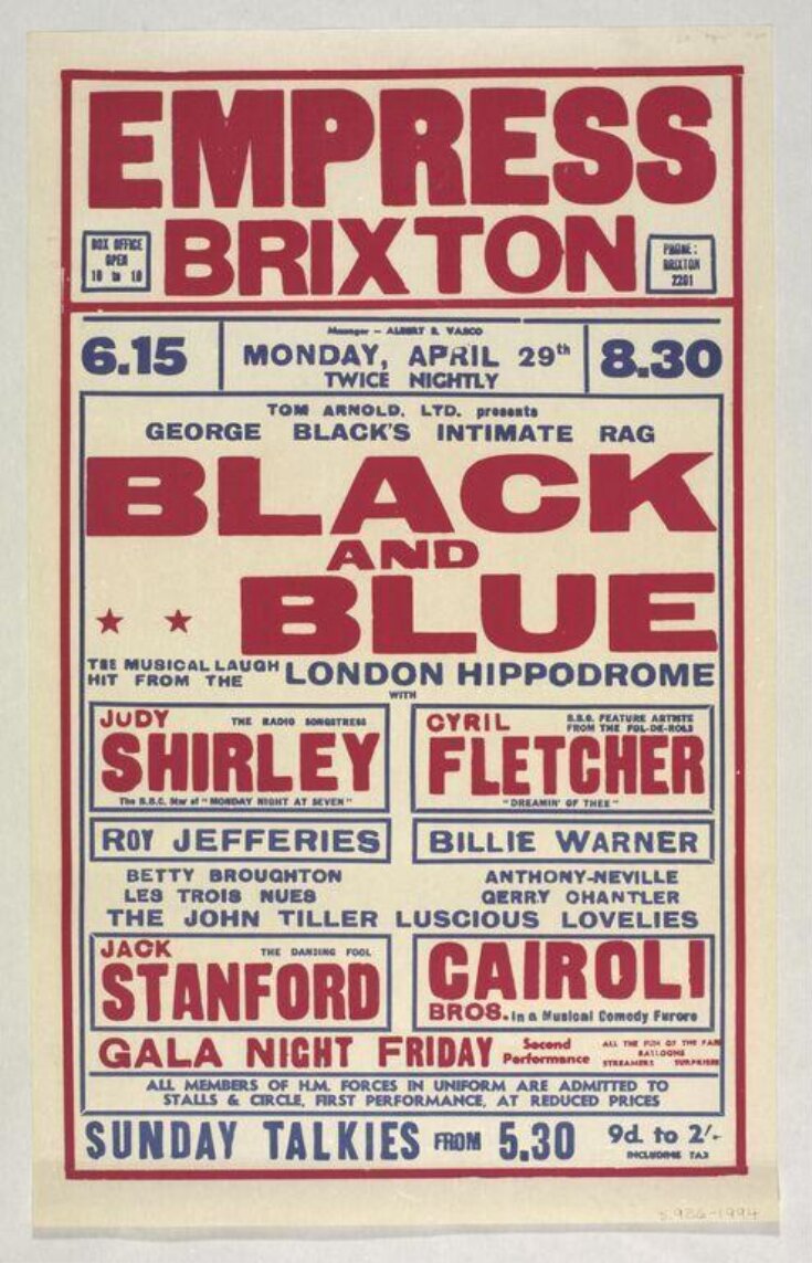 Poster advertising 'George Black's Intimate Rag' Black and Blue and a Variety programme, Empress Theatre Brixton, 29th April 1940 top image