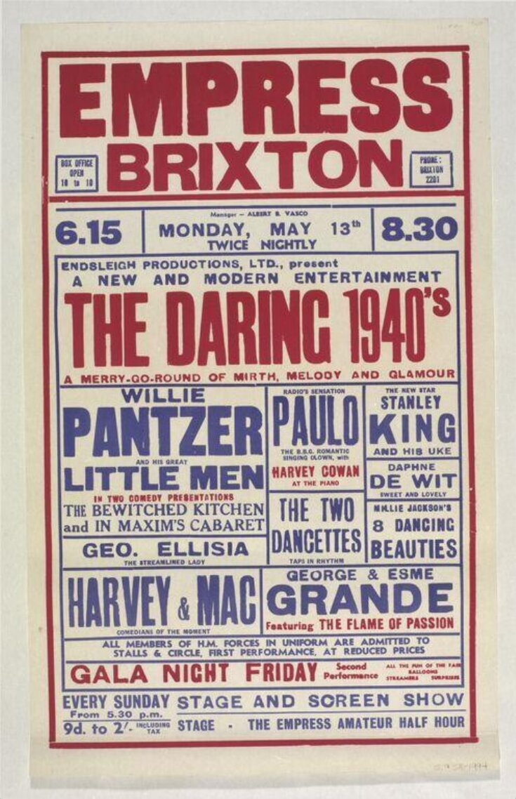 Poster advertising The Daring 1940s, Empress Theatre, Brixton, 13 May ...