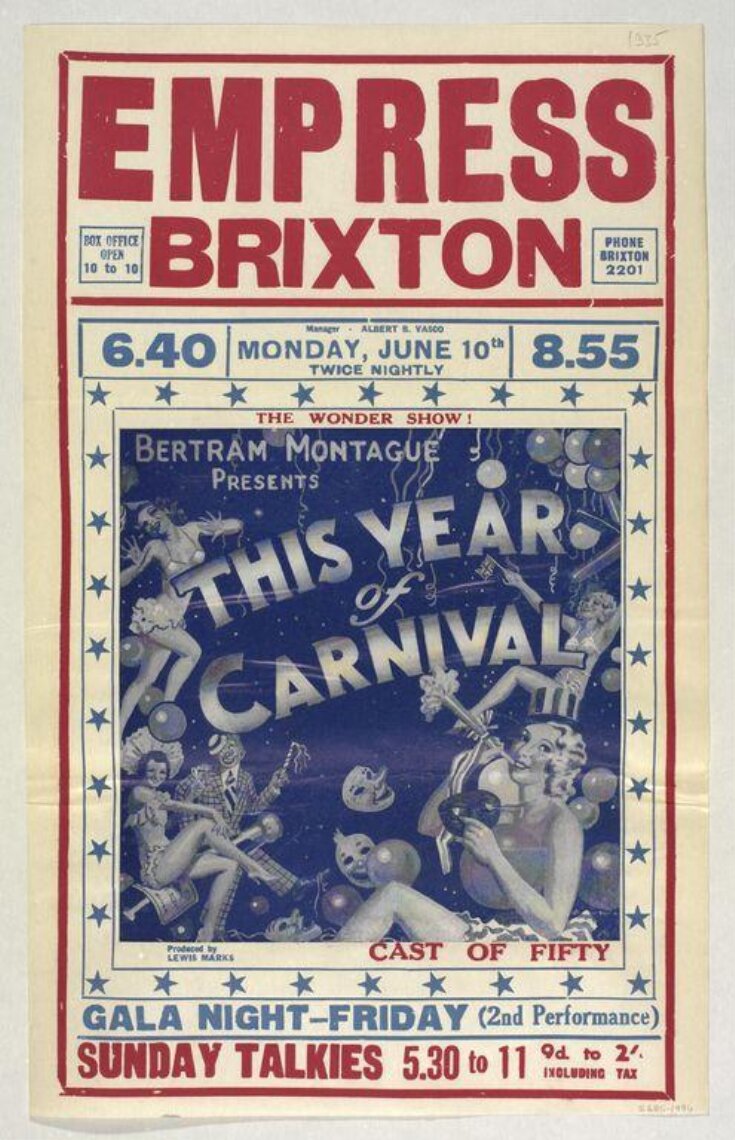 Poster advertisinghe revue This Year of Carnival, Empress Theatre Brixton top image