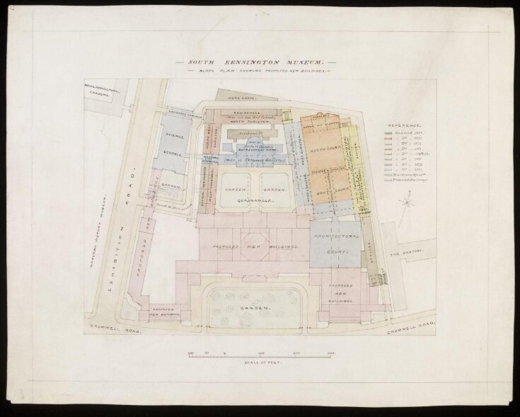 South Kensington Museum. Block plan showing proposed new buildings top image