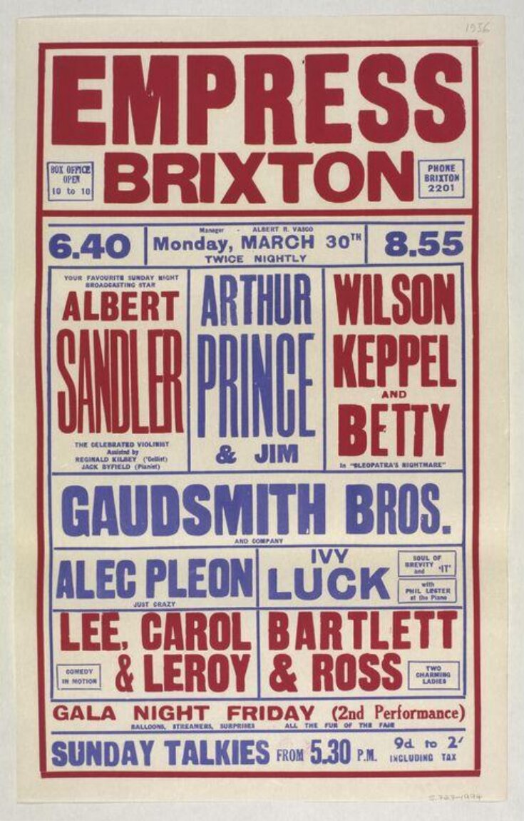 Poster advertising twice-nightly Variety at the Brixton Empress Theatre 1936 top image