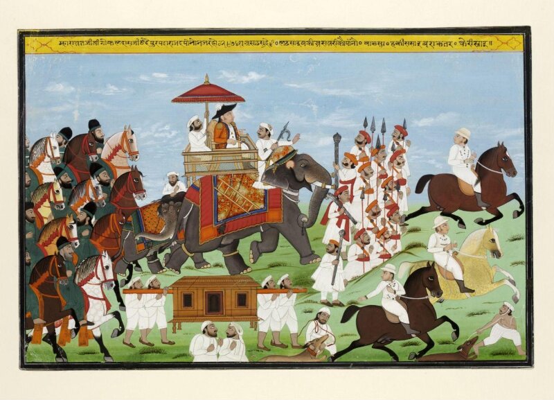 Captain James Tod riding an elephant with his companions and escort