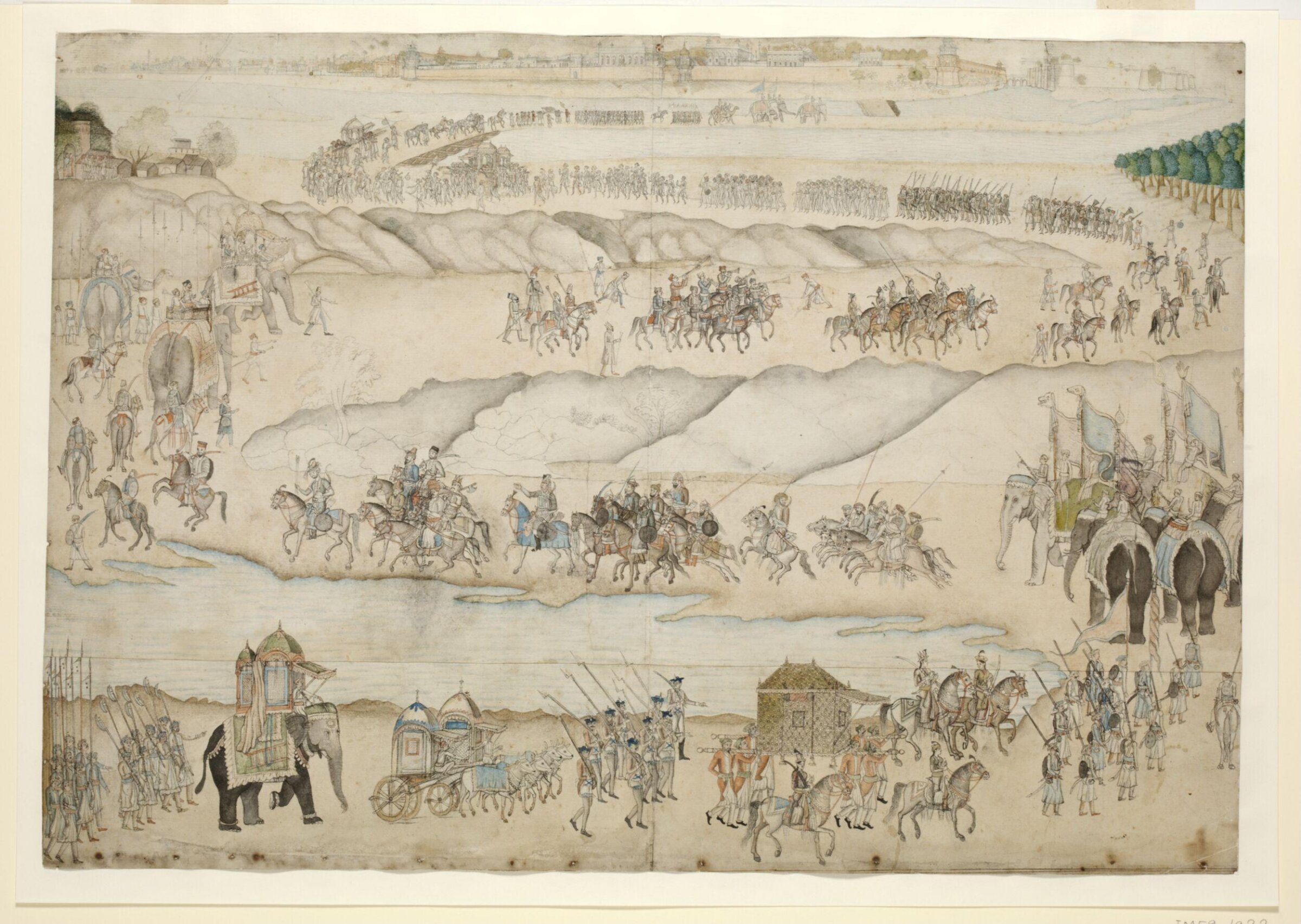 The royal procession of Shah Alam II proceeding to Delhi along the banks of the channels of the river Jumna and crossing a bridge of boats., ca. 1775