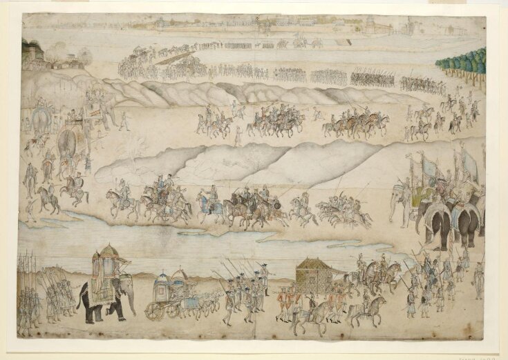 The royal procession of Shah Alam II proceeding to Delhi along the banks of the channels of the river Jumna and crossing a bridge of boats. top image