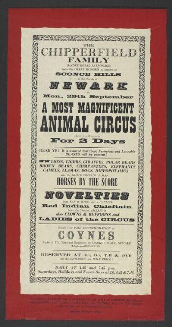 Poster advertising Chipperfield's Circus and Menagerie at Newark-on-Trent, 1969