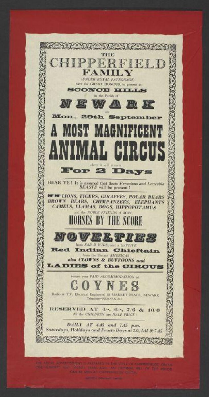 Poster advertising Chipperfield's Circus and Menagerie at Newark-on-Trent, 1969 image