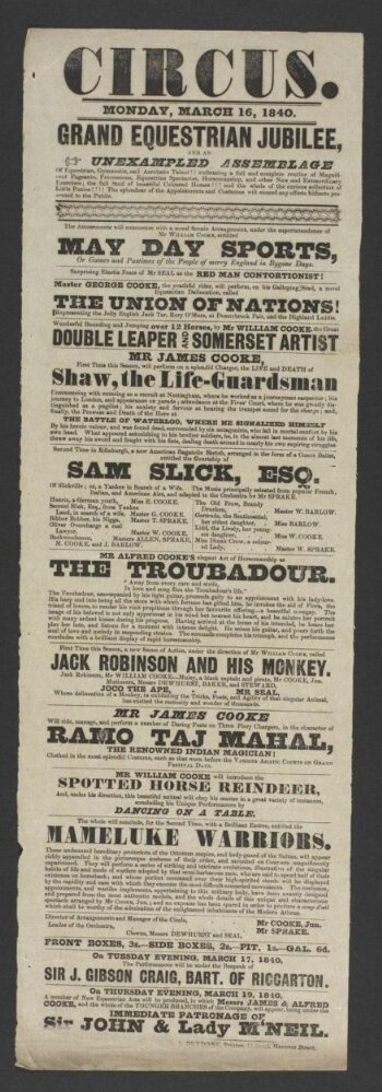 Circus. Grand Equestrian Jubilee, 16 May 1840