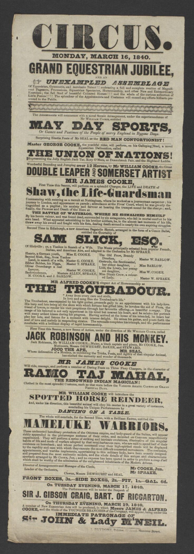 Circus. Grand Equestrian Jubilee, 16 May 1840 image