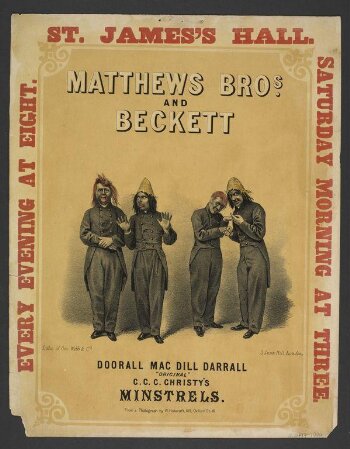 Hanging card advertising the Matthews Brothers and George Beckett at St. James's Hall 1864