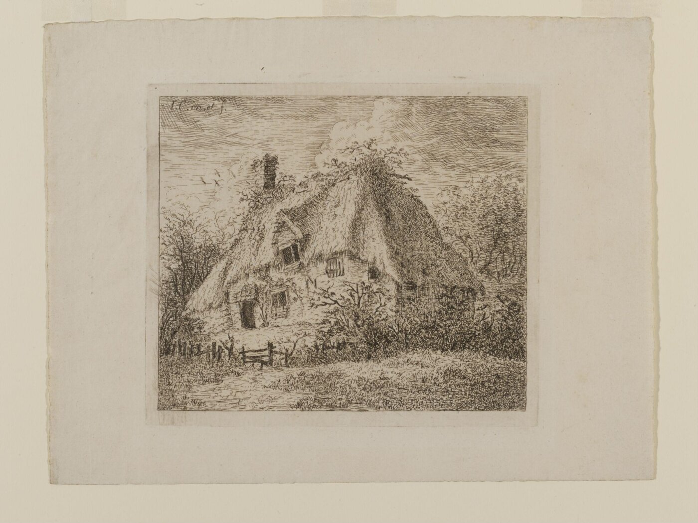Constable, John (RA), An Old Thatched Cottage with Hedge and Paling in Front.
