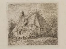 An Old Thatched Cottage with Hedge and Paling in Front. thumbnail 1