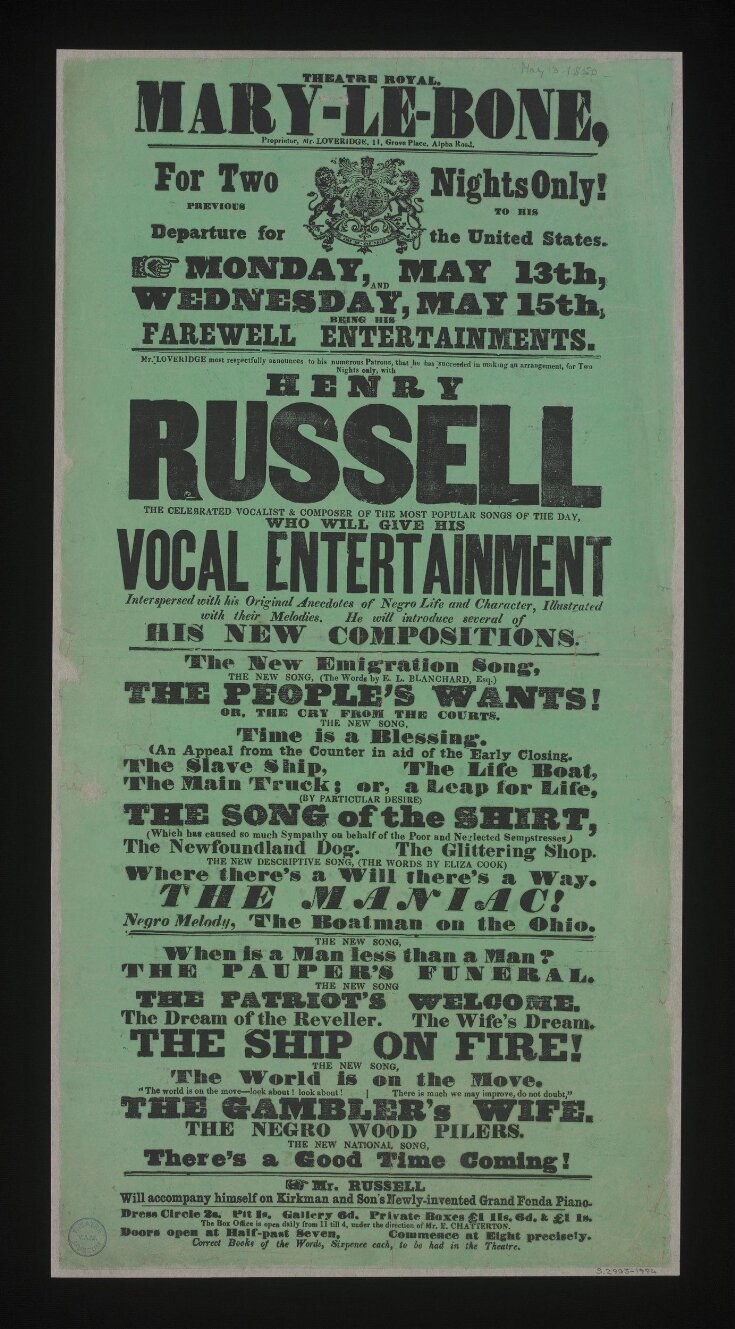 Poster advertising Farewell Concerts by Henry Russell, Marylebone Theatre, May 1850 top image