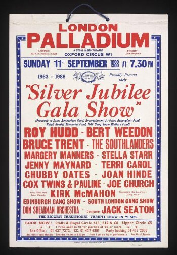 Hanging card for the London Palladium, advertising the British Music Hall Society's <i>Silver Jubilee Gala Show,</i>11 September 1988