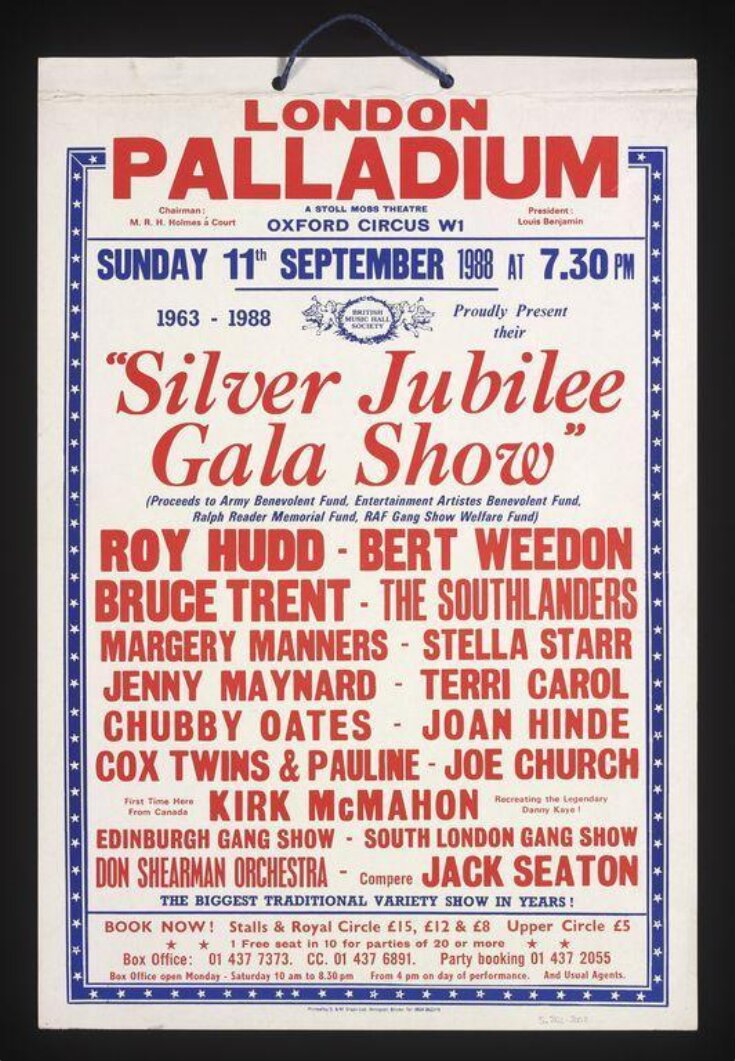 Hanging card for the London Palladium, advertising the British Music Hall Society's <i>Silver Jubilee Gala Show,</i>11 September 1988 image