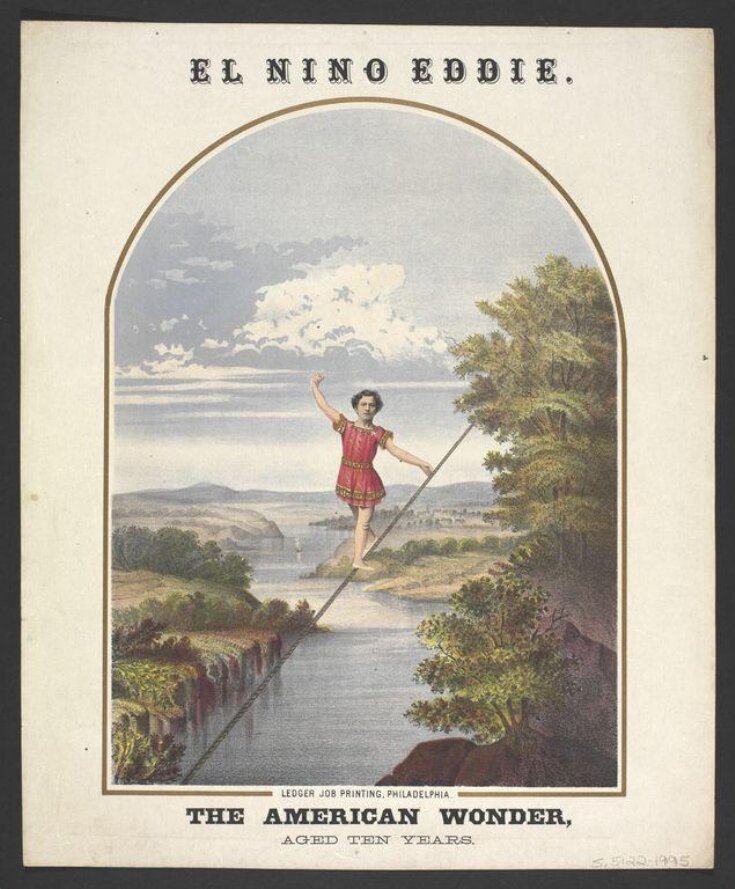 Hanging card advertising the ten-year old El Nino Eddie on the tightrope image
