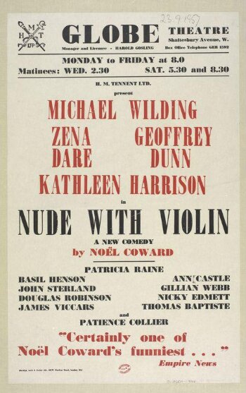 Poster advertising <i>Nude with Violin</i> by Noël Coward, Globe Theatre, 1957