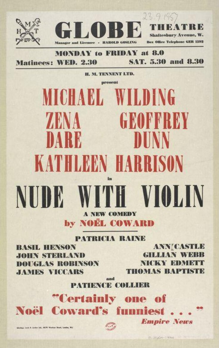 Poster advertising Nude with Violin by Noël Coward, Globe Theatre, 1957 top image