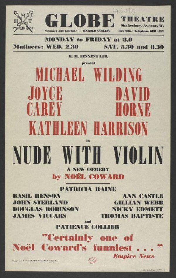 Poster advertising Nude with Violin by Noël Coward, Globe Theatre, 1957 ...