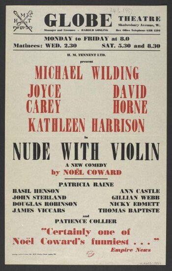 Poster advertising <i>Nude with Violin</i> by Noël Coward, Globe Theatre, 1957