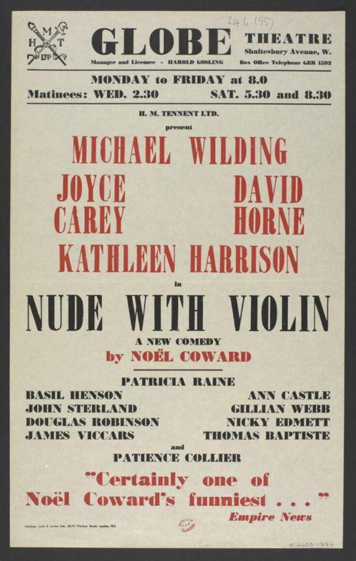 Poster advertising Nude with Violin by Noël Coward, Globe Theatre, 1957 top image