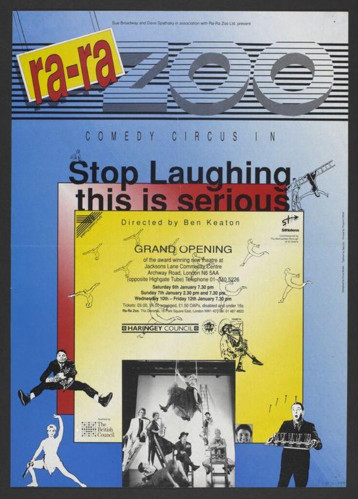 Poster advertising Ra-Ra Zoo performing <i>Stop Laughing This is Serious</i>, Jackson's Lane, 1989 image