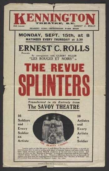 Poster advertising the Revue <i>Splinters</i>,  Kennington Theatre,  15 September 1919