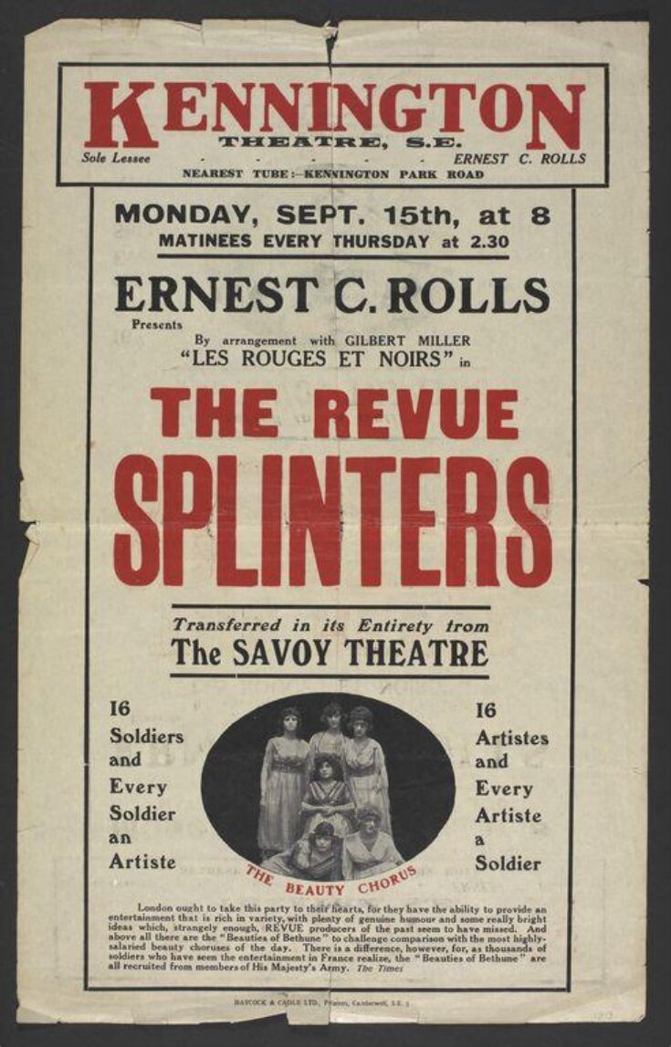 Poster advertising the Revue Splinters,  Kennington Theatre,  15 September 1919 top image